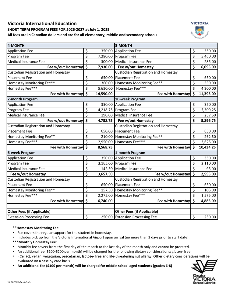 2026 2027 VIE SHORT TERM PRICELIST 